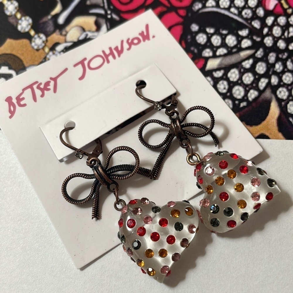 Betsy Johnson Clear Crystal Heart Drop Earrings - Picture 10 of 14